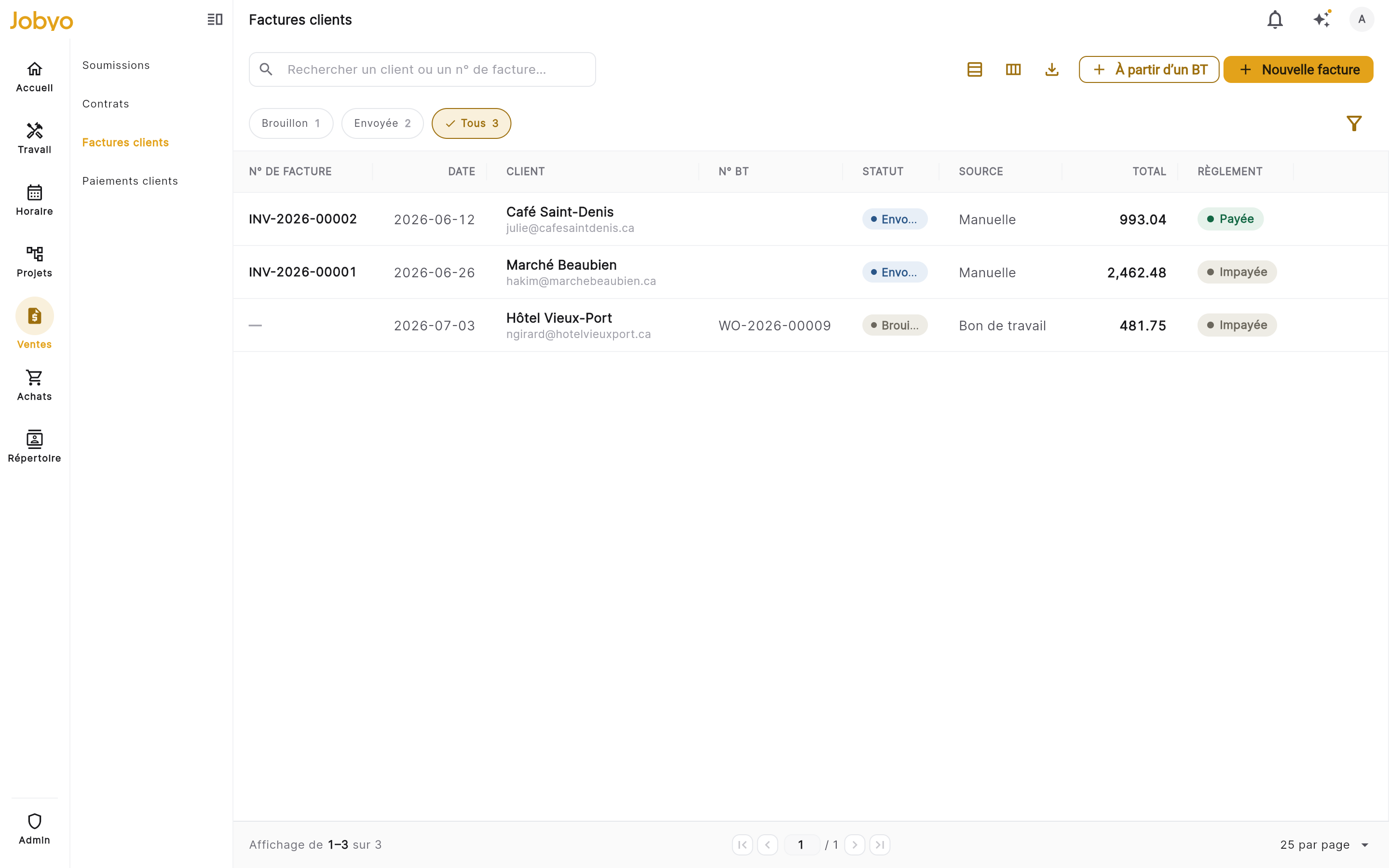 Factures clients Jobyo — factures payées, envoyées et brouillons