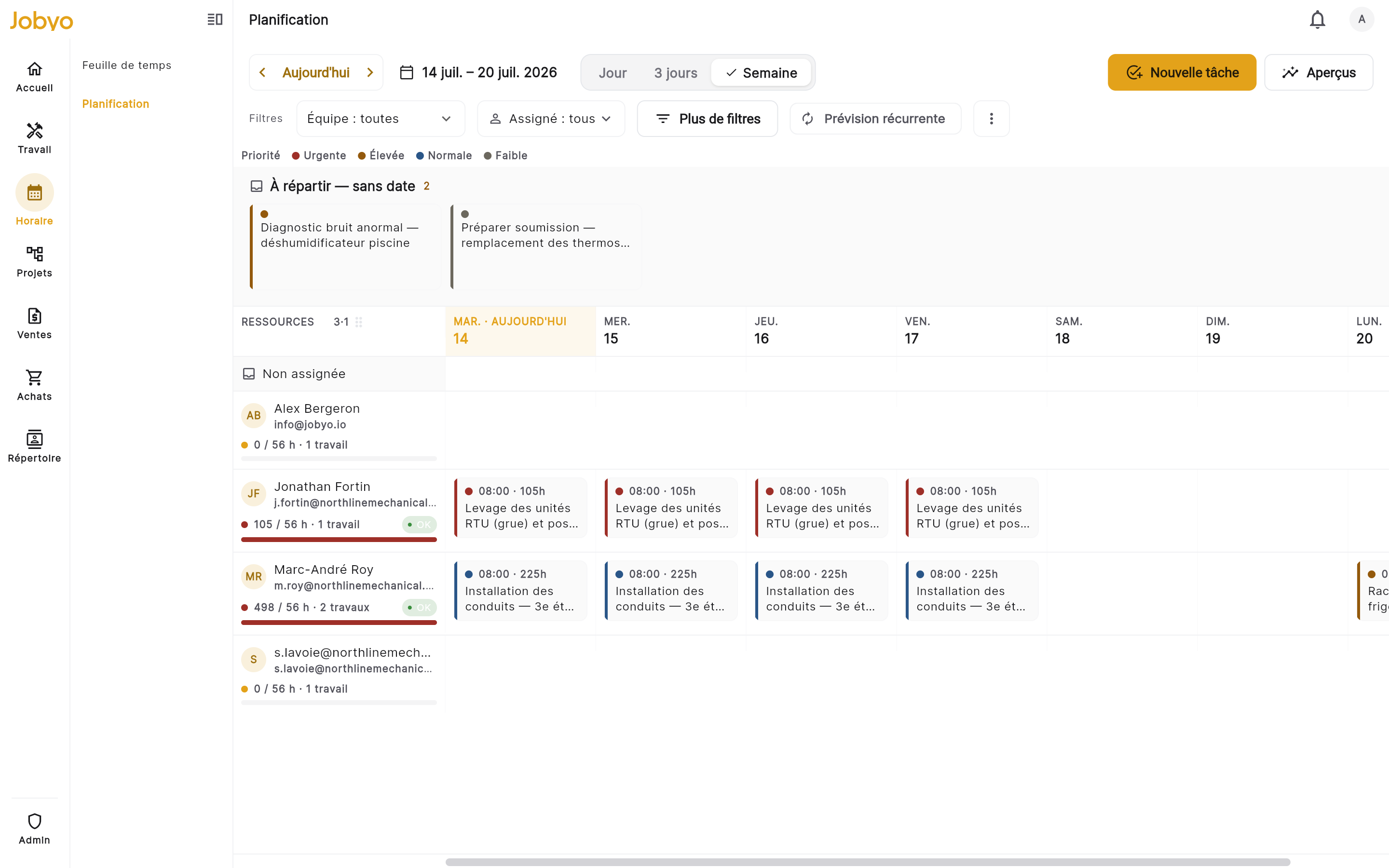 Tableau de planification Jobyo — une semaine de répartition par technicien