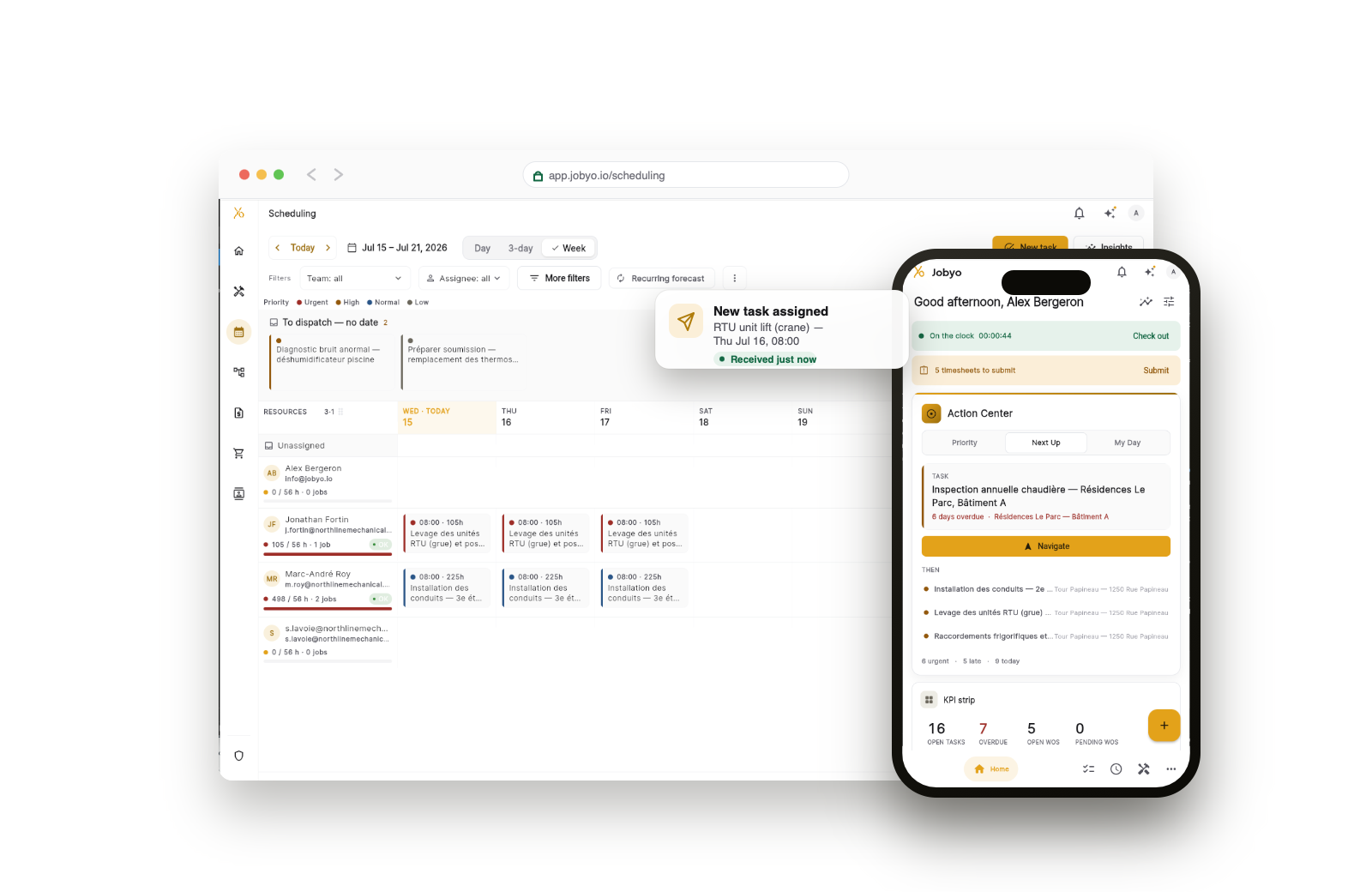 Jobyo scheduling board on the web with the mobile field app — a new task assigned in real time