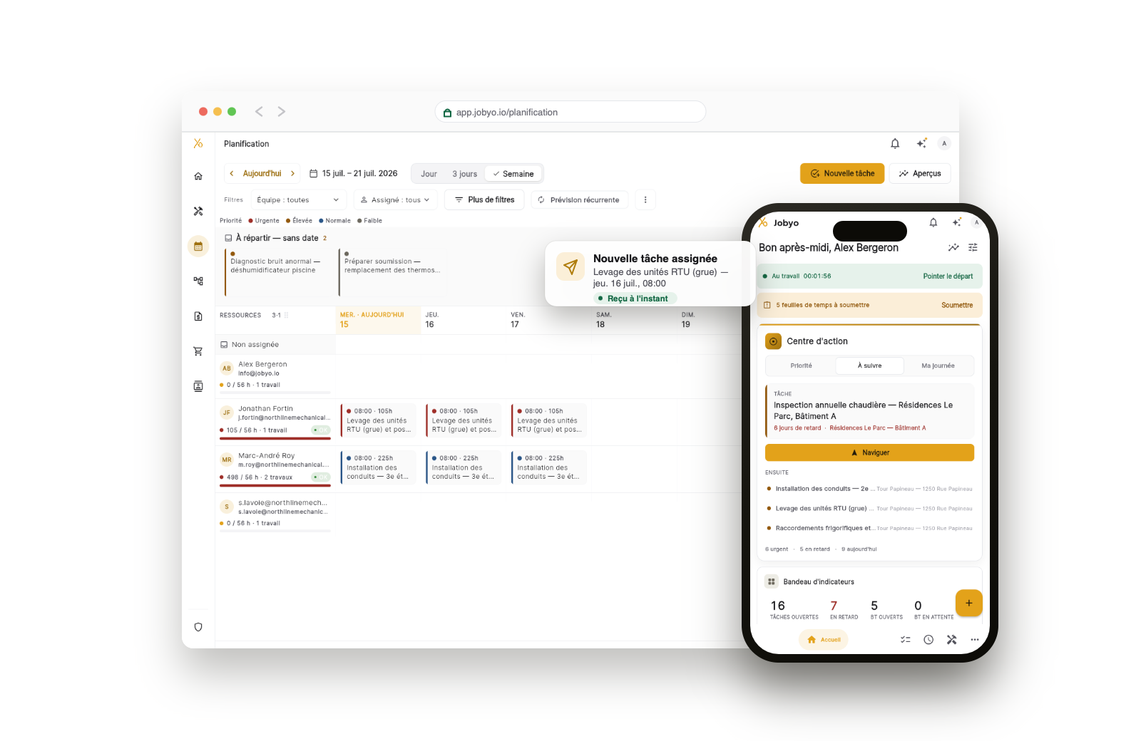 Planification Jobyo sur le web avec l’app mobile de terrain — une nouvelle tâche assignée en temps réel