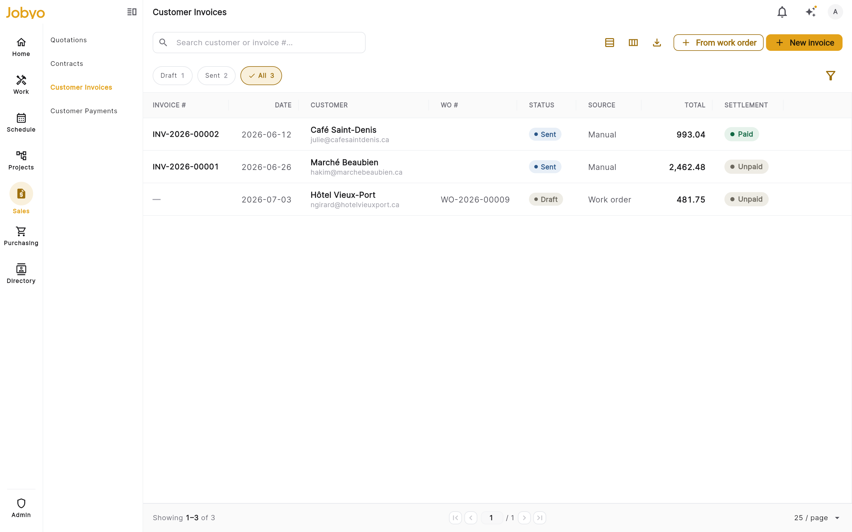 Jobyo customer invoices — paid, sent and draft invoices