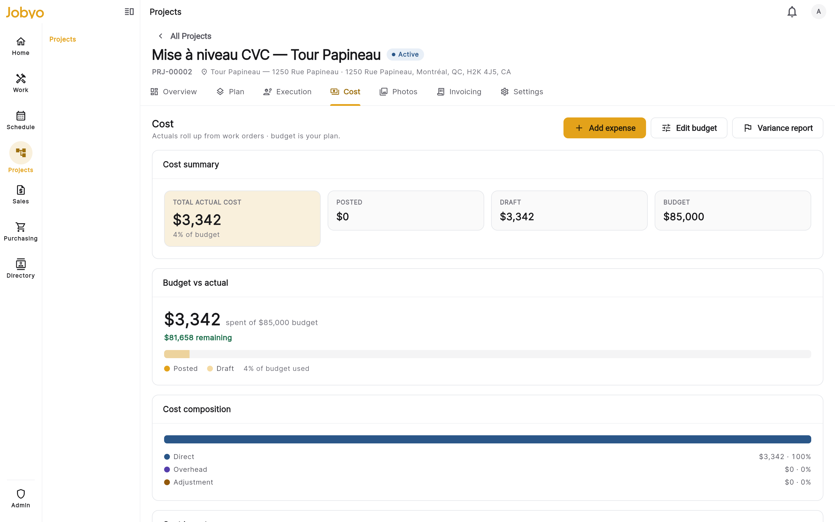 Jobyo job costing — actual cost rolled up by category against budget