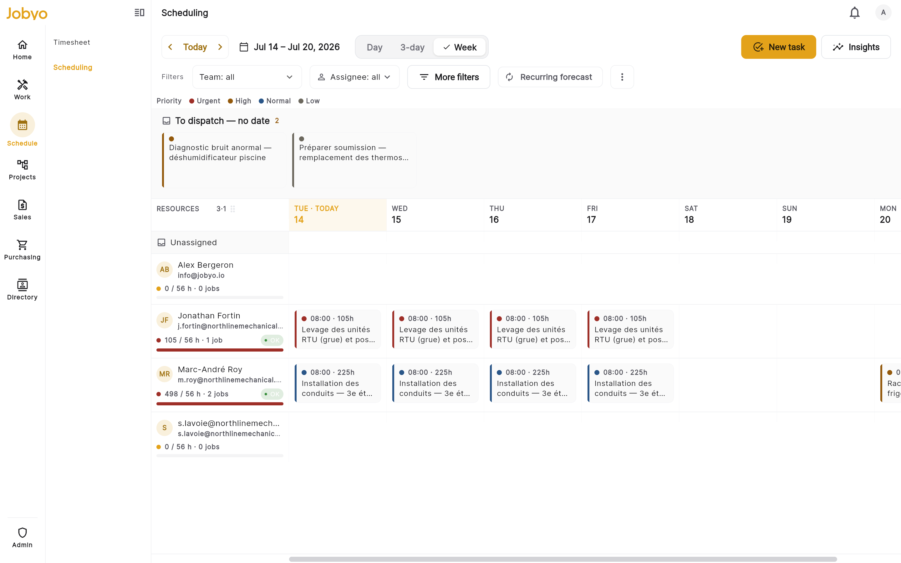 Jobyo scheduling board — a week of dispatch by technician