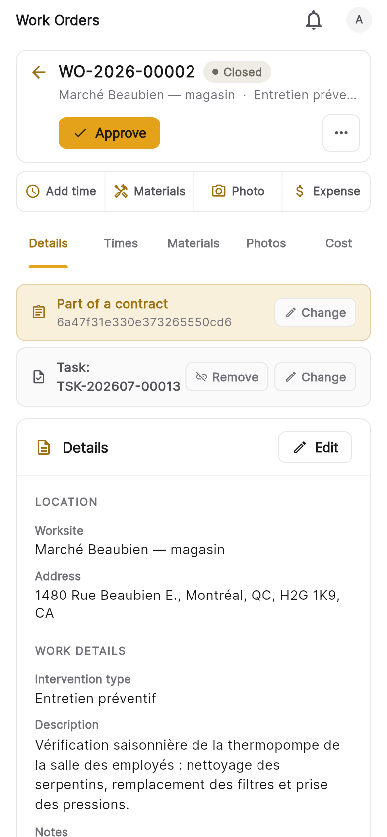 Jobyo work order on a phone — log time, materials, photos and expenses from the field